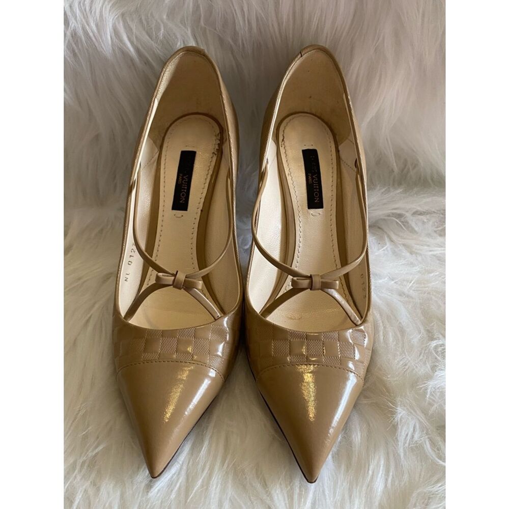 Louis Vuitton “Damier” Print Beige Checkered Patent Leather Pointed-Toe Heels